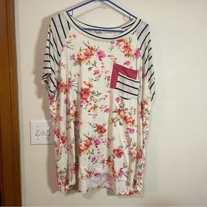 Floral and Stripe T-shirt with 2 Functional Pockets